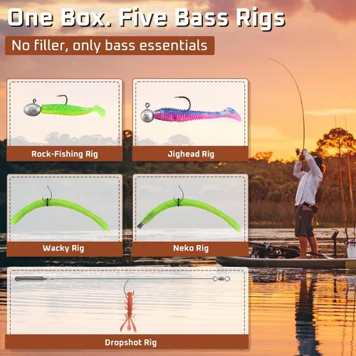 Miniatura 3 de Kit de 59 piezas de caja de aparejos de pesca de lubina, sistema de 5 aparejos preaparejados para pesca en roca, jigheads, Neko, Wacky, Dropshot