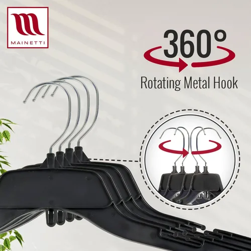 Miniatura 4 de Mainetti 484 - Ganchos de plástico negro reciclado - 100 unidades con gancho giratorio de metal y muescas para tirantes, ideal para camisas, blusas