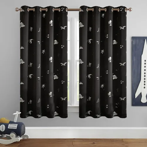 Miniatura 2 de Vangao - Cortinas para niños con impresión de dinosaurio en negro, cortinas opacas para guardería, habitación de niñas y niños, estampado plateado