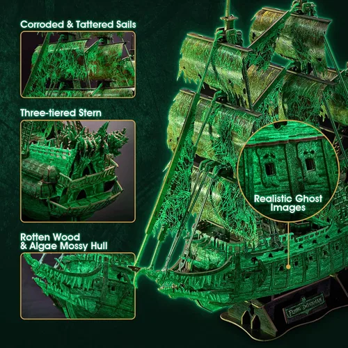 Miniatura 6 de CubicFun Rompecabezas 3D modelo de barco holandés volador luminoso embrujado barco pirata DIY para adultos y niños, kits de construcción
