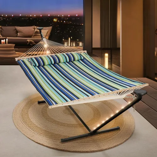 Miniatura 13 de SUNCREAT Hamaca doble con soporte de 12 pies, luces solares incluidas, hamaca al aire libre para exterior, gris oscuro