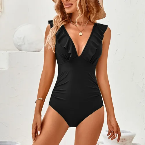 Miniatura 6 de TcIFE Traje de baño de una pieza para mujer, con control de abdomen, volantes, cuello en V, push up, monokinis