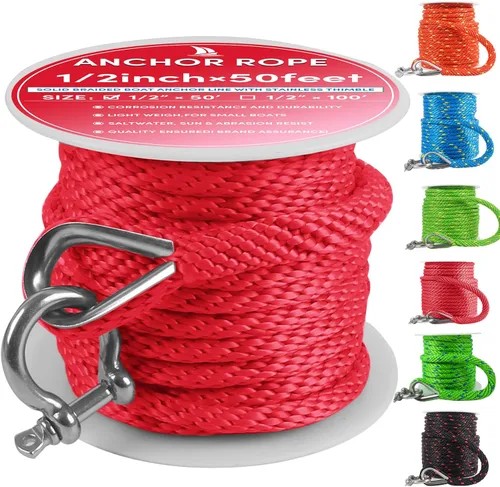 Miniatura 59 de Cuerda de anclaje premium de 100 pies x 3/8 pulgadas, cuerda marina de línea de anclaje MFP trenzada sólida con dedal y grillete, color negro