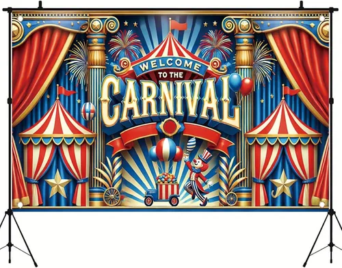 Miniatura 9 de Cartel con temática de carnaval de 71 x 43 pulgadas, tienda de campaña de circo, globos de payaso, decoración de fiesta para niños, feria