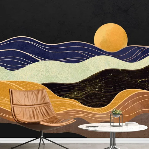 SIGNFORD Adhesivo mural removible para pared, mármol de granito, ondas doradas, cordillera, sol, naturaleza, desierto, ilustraciones, arte rústico,