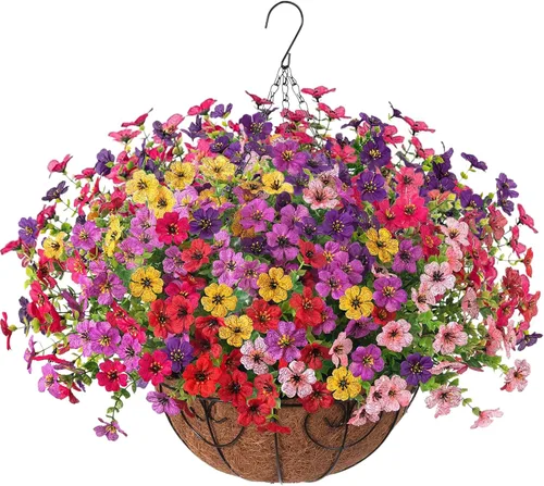 HyeFlora Plantas Colgantes Artificiales Falsas con Flores y Cesta para Decoración Exterior, Arreglos Florales de Seda Sintética de Margaritas en
