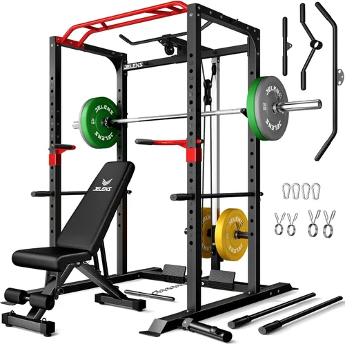 Miniatura 11 de Jaula de potencia JELENS, banco multifunción S11 con capacidad de 2000LBS, barra para sentadillas con sistema de poleas ajustable y más accesorios