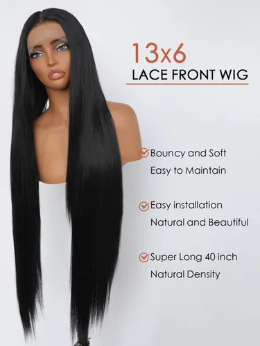 Miniatura 2 de SOKU 40" Super Long Straight Lace Front Wigs,13x6 Transparent Swiss Synthetic Lace Wig Pre Plucked,Natural Black Glueless Lace Front Wigs with Baby