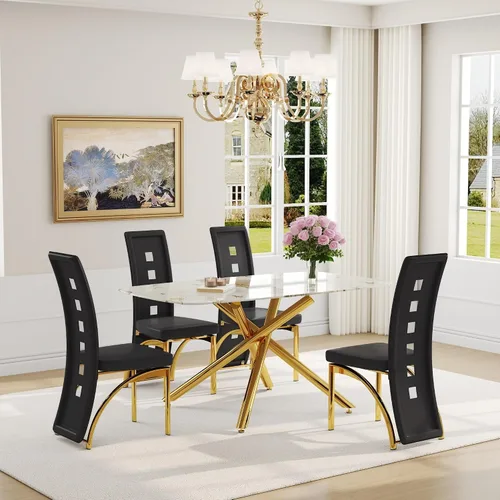 Miniatura 40 de Juego de mesa de comedor moderna para mesa de comedor negra de 4,63 pulgadas, juego de 4 con patas de metal dorado, mesa de cocina rectangular