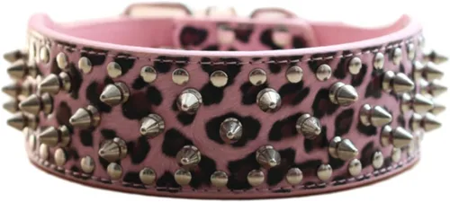 Miniatura 11 de Collar de cuero para perro, collar de perro con pinchos y tachuelas para perros medianos y grandes Pit Bull Mastiff Bully Boxer (S, rosa intenso)