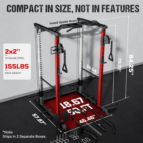 Miniatura 8 de DP01 - Jaula de potencia, estante para sentadillas de 2000 libras con cable cruzado y sistema de polea doble independiente, jaula completa para Rojo