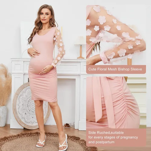 Miniatura 5 de Vestido midi de maternidad de manga larga con malla floral, vestido ajustado de maternidad para baby shower, sesión de fotos