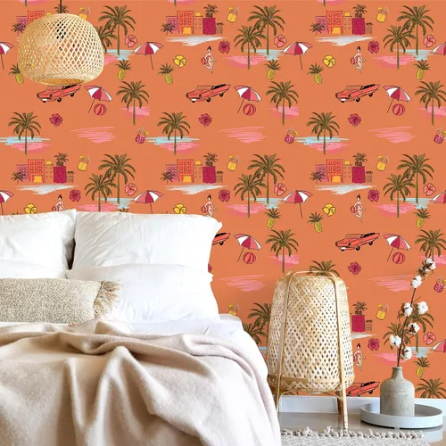 Miniatura 2 de VEELIKE Orange Island - Papel tapiz autoadhesivo para despegar y pegar, dibujado a mano, palmeras de playa de verano, papel tapiz extraíble, 17.7 x