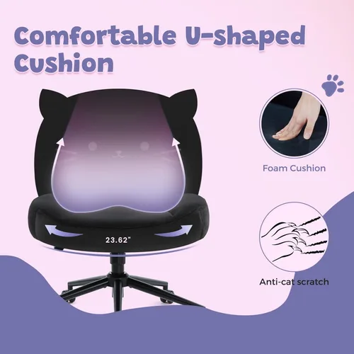 Miniatura 5 de IWMH Silla de escritorio de oficina sin brazos con ruedas, silla de computadora ergonómica de patas cruzadas con acolchado de tela, sillas de Negro