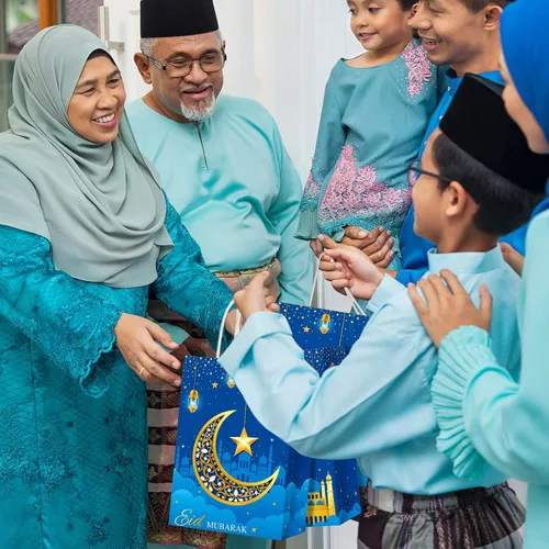 Miniatura 4 de Censen 16 juegos de bolsas de regalo de Eid Mubarak con papel de seda, bolsas de golosinas de Ramadán para suministros de fiesta de Ramadán (azul)