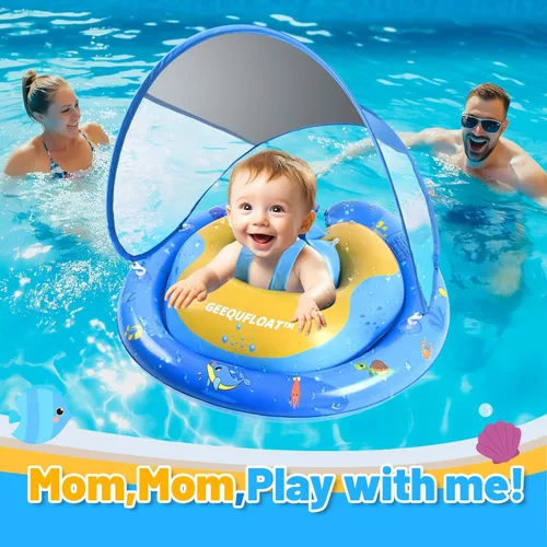 Miniatura 4 de Flotador de piscina extra ancho para niños pequeños, diseño antivuelco, flotadores para bebés de 6 a 12 meses, flotador para bebé con toldo
