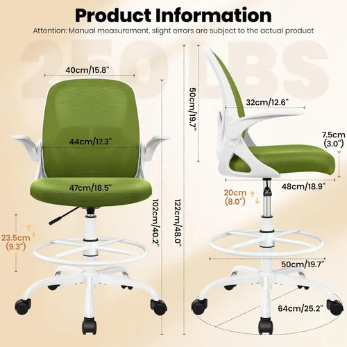 Miniatura 3 de Primy Silla de dibujo alta de oficina con reposabrazos abatibles, silla de escritorio ergonómica ejecutiva para computadora con soporte lumbar