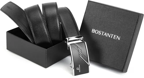 Miniatura 7 de BOSTANTEN Cinturón de cuero con trinquete para hombre con hebilla ajustable deslizante, corte para adaptarse, Negro