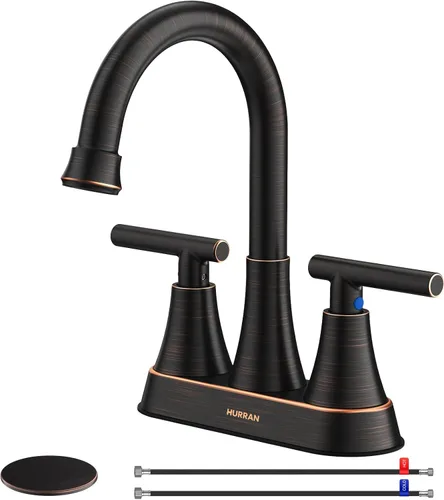 Miniatura 18 de Grifos de Baño para Lavabo de 3 Orificios, Hurran Grifo de Lavabo de Baño Negro Mate de 4 Pulgadas con Desagüe Pop-up y 2 Mangueras de Suministro, 2