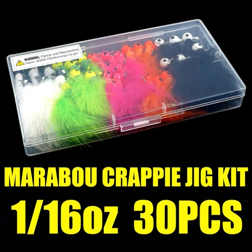 Miniatura 5 de Crappie Jig - Señuelos de pesca, 30 piezas de plumas de marabú, anzuelos de cabeza de calabú, plantilla de cola de cubo, teaser de pesca atados a