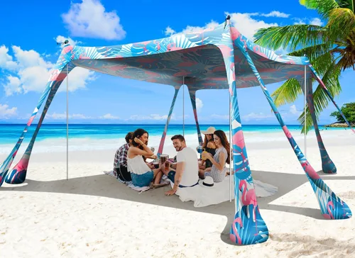 Tienda de campaña de playa, toldo de playa de 10 x 10 pies, toldo de playa fácil de desplegar portátil UPF50+ con 8 sacos de arena, 2 palas de