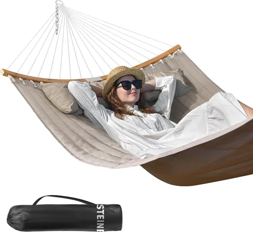Miniatura 14 de Hamaca doble, hamaca de tela acolchada de 11 pies para 2 personas para exteriores con almohada, barra separadora curvada plegable, cadenas, bolsa