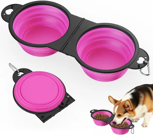 Miniatura 15 de Pawaboo Cuencos plegables 2 en 1 para perros, cuencos dobles para comida y agua, cuenco de silicona portátil de 180° con gancho de metal, comedero