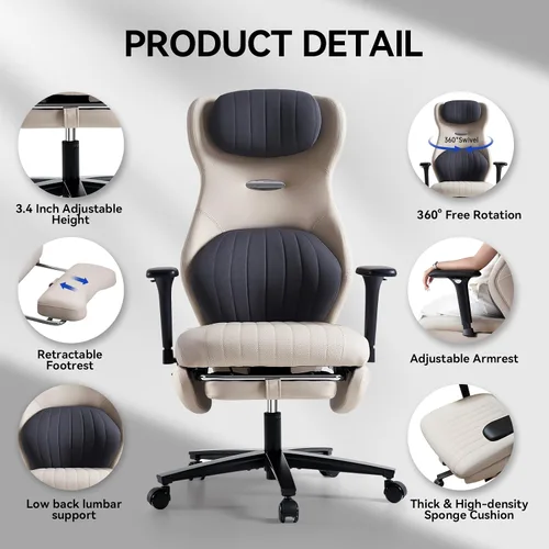 Miniatura 9 de EMIAH Silla de oficina ergonómica con reposapiés, silla de oficina reclinable con brazos ajustables y reposacabezas, silla de juegos de respaldo