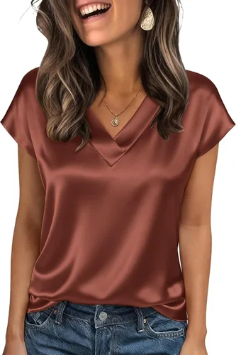 Miniatura 25 de Zeagoo - Camisetas de mujer de satén de seda, tops de manga corta con cuello en V, blusas para negocios y conjuntos casuales, talla S-2XL
