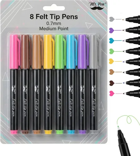 Miniatura 10 de Mr. Pen - Bolígrafos de punta de fieltro, paquete de 8, 0.028 in, colores surtidos, secado rápido, bolígrafos de punta de fieltro fina para artes