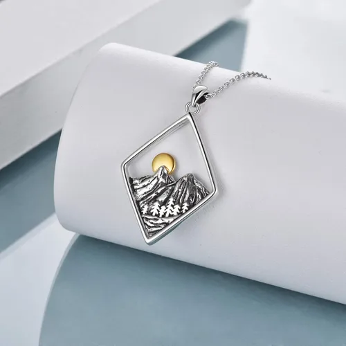 Miniatura 3 de YFN Collar de plata de ley con dije de onda del océano y cadena de montaña, regalo de joyería para esquiadores, excursionistas, campistas