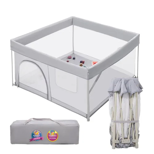 Miniatura 9 de Babelio Corralito plegable para bebés y niños pequeños, forma y área ajustables, corralito con puerta con cremallera, valla portátil para bebés
