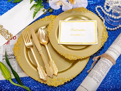 Miniatura 7 de Morejoy 175 platos de plástico dorado macizo con borde dorado, los juegos de vajilla desechables dorados incluyen 25 platos llanos, 25 platos