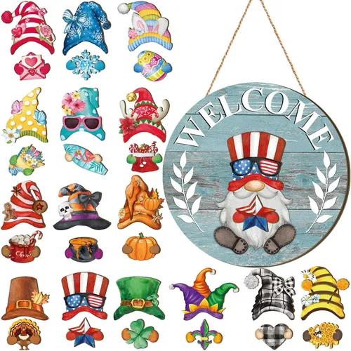 Miniatura 9 de Qunclay 31 piezas 3D de grano natural intercambiable de madera gnomo para puerta, decoraciones navideñas de gnomo con piezas magnéticas y sombreros