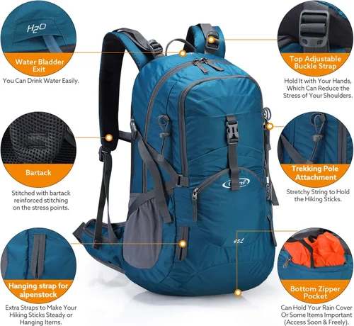 Miniatura 3 de G4Free Mochila de viaje de senderismo impermeable con cubierta para lluvia, mochila para acampar al aire libre para hombres y mujeres (gris azul)