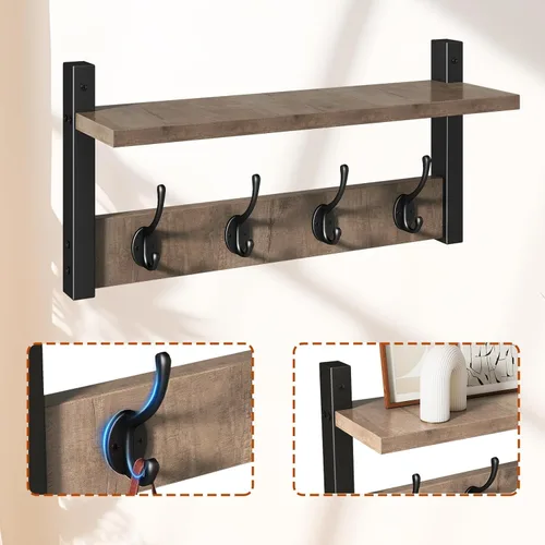 Miniatura 6 de YMYNY Estante Perchero montado en la pared, juego de 2 ganchos para abrigos, perchero de entrada con 8 ganchos, estante flotante de pared de 31.5