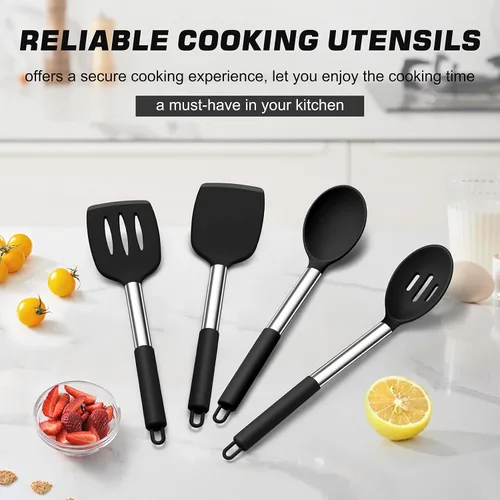 Miniatura 7 de TeamFar Juego de utensilios de cocina, 4 piezas de silicona utensilios de cocina juego de espátulas y cucharas con mango de acero inoxidable