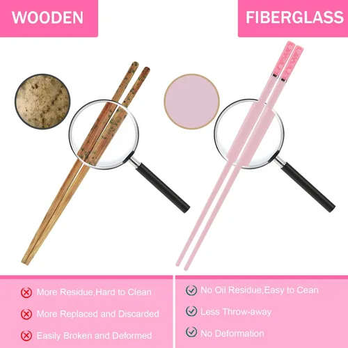 Miniatura 5 de Palillos reutilizables aptos para lavavajillas, GLAMFIELDS - 10 pares de 9.5 pulgadas, juego premium de palillos de fibra de vidrio para sushi, Rosa