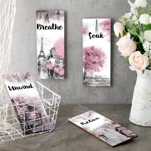 Miniatura 3 de Gerrii 3 Piezas de Decoración de Baño Rosa y Gris Decoración de París Relajarse Remojarse Desconectar Respirar Arte de Pared de Granja Baño Boda