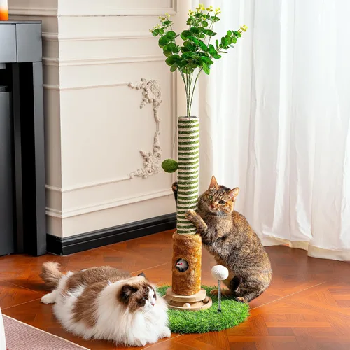 Poste rascador para gatos de 39 pulgadas de alto con bola interactiva y agujero para el mouse para gatos adultos de interior, cuerda de sisal, torre