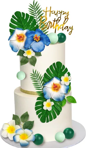 Miniatura 8 de 25 adornos para tartas hawaianas con hojas de palma, hibisco, bolas de flores para Hawaii, Aloha, selva, verano, boda, cumpleaños (multicolor)