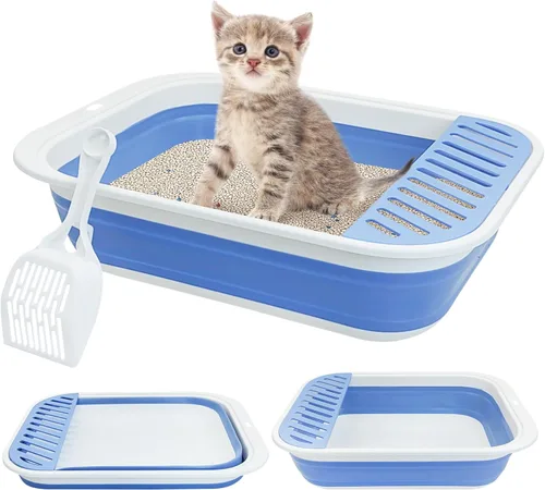 Fhiny Caja de Arena para Gatos Portátil Caja de Arena Poco Profunda 17.7"x13.4"x4.9" Inodoro Plegable para Gatos con Pala Bandeja Abierta para