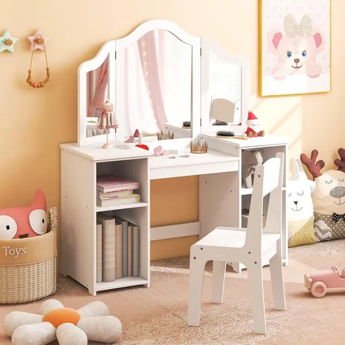 Miniatura 10 de Costzon Tocador para Niños, Juego de Escritorio y Silla de Maquillaje de Princesa 2 en 1 con Espejo Tri-Plegable, 4 Cubos de Almacenamiento, Mesa