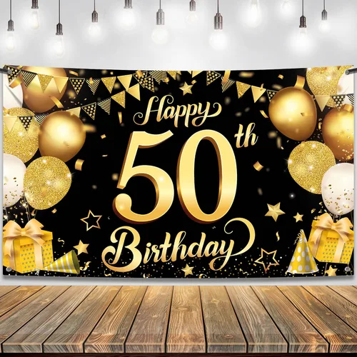 Miniatura 9 de KatchOn, Fondo de feliz cumpleaños 50, grande, 72 x 44 pulgadas, decoraciones de cumpleaños 50 negro y dorado Cartel de feliz cumpleaños 50