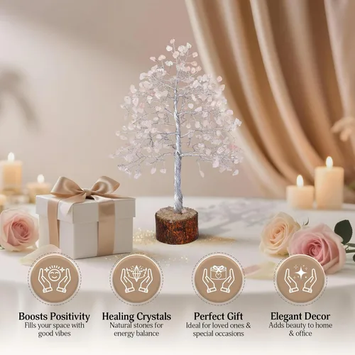 Miniatura 6 de FASHIONZAADI - Árbol de cristal de cuarzo rosa, decoración de feng shui con gemas en alambre plateado, decoración de piedras curativas de chakra