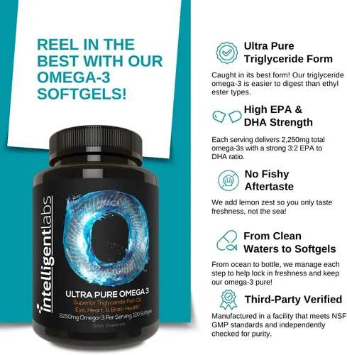 Miniatura 3 de Intelligent Labs Triglicérido Omega 3 2250 mg por porción de 3 cápsulas Cápsulas de aceite de pescado sin eructos 120 cápsulas blandas por