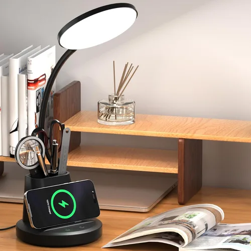 Lámpara de escritorio Vicsoon con cargador inalámbrico, lámpara de escritorio LED para oficina en casa con soporte para bolígrafo, luz de escritorio