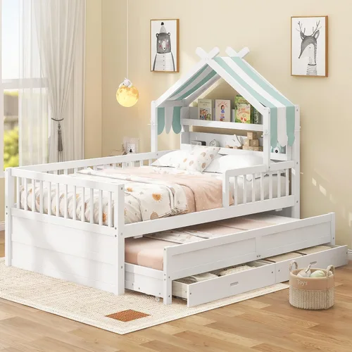Miniatura 19 de VilroCaz Moderna cabecera de almacenamiento de cama de tamaño individual y barandilla de seguridad para niños, base de cama de plataforma de madera
