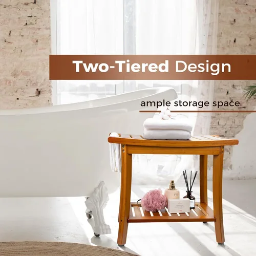 Miniatura 4 de Utoplike Banco de ducha de bambú con almacenamiento, taburete de ducha de madera con asas, asiento de baño para toallas, spa, ducha