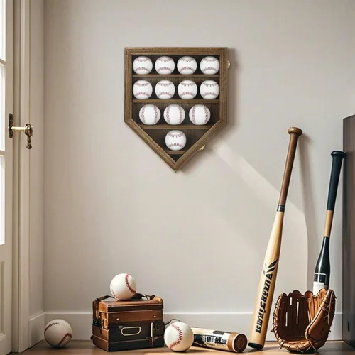 Miniatura 7 de FramePro Estuche de exhibición de béisbol, caja de sombras, estante organizador de gabinete de pared para 12 bolas con puerta delantera de madera